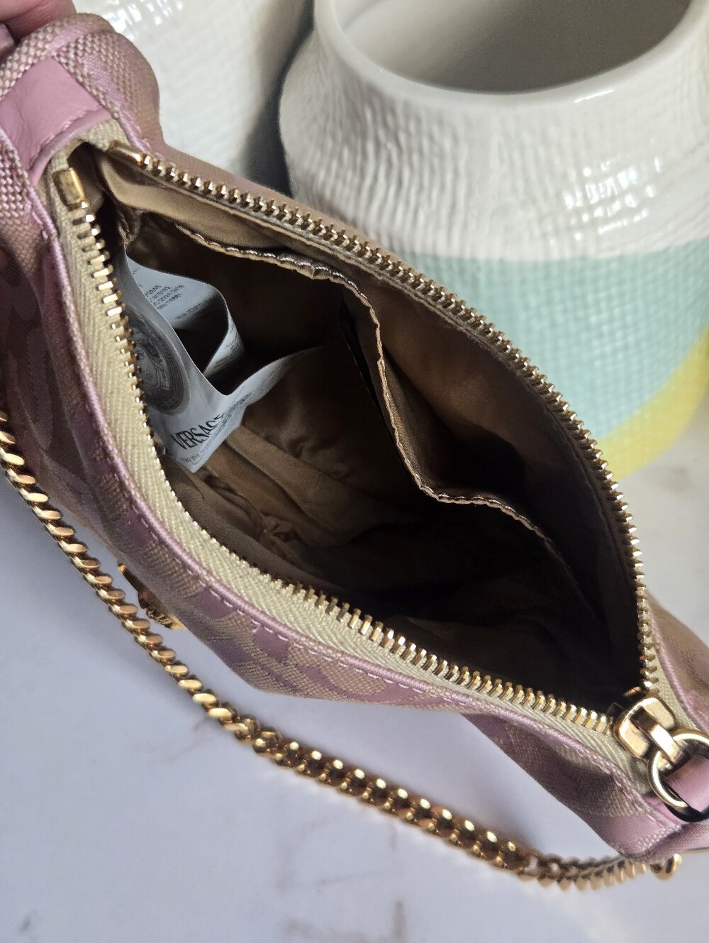 EUC Versace Pink Logo Print Jaquard Mini Baguette Bag With Strap - Picture 13 of 15